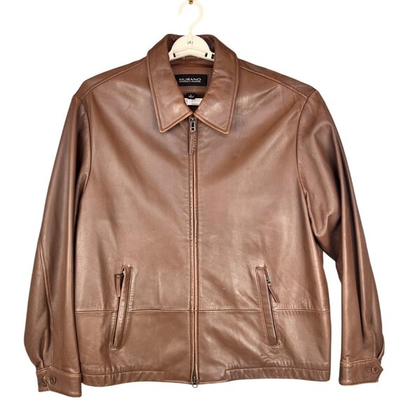 Murano Mens L Jacket Brown Leather Butter Soft Lambskin Full Zip Pockets Classic - Picture 1 of 16
